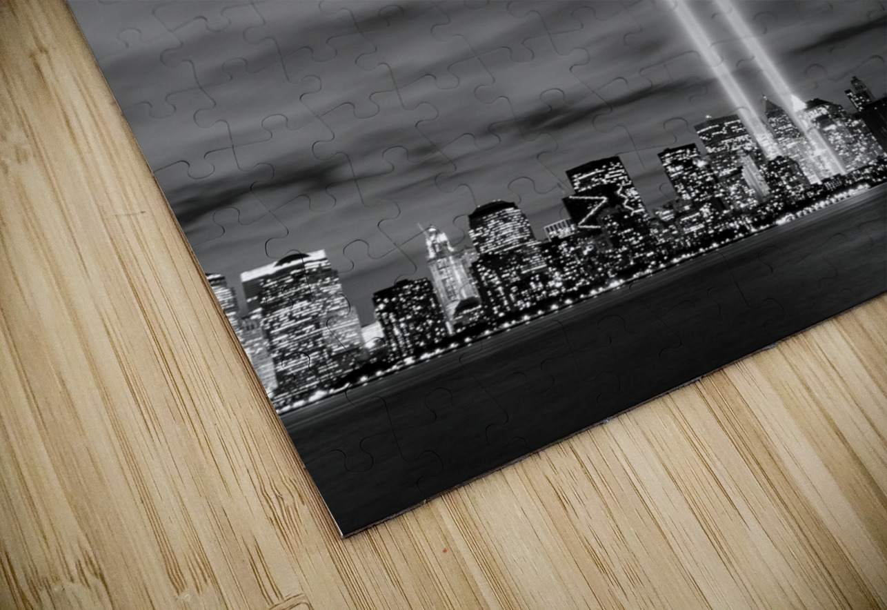 nyc skyline september 11 lights  vertical 388 Val Black And White Puzzle
