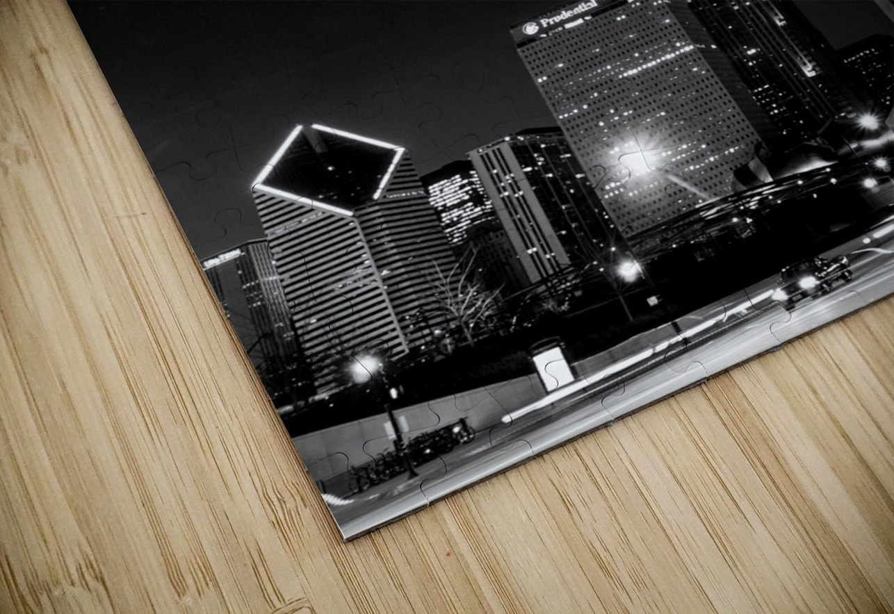 chicago skyline at night from columbus drive  ver Black And White Puzzle