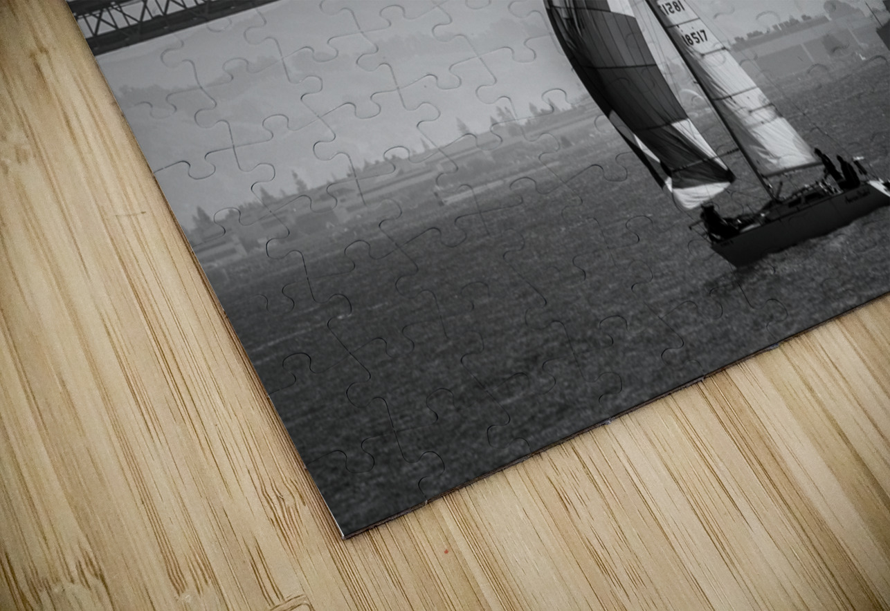 bay bridge and full sail boat  horizontal 2766 Br Black And White Puzzle