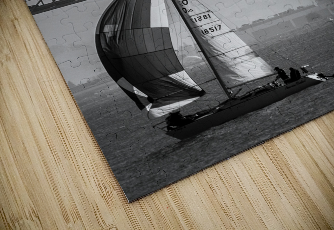 bay bridge and full sail boat  vertical 2766 Broa Black And White Puzzle