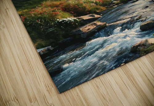 A serene painting depicting a mountain stream surrounded by vibrant red trees capturing the beauty of nature. Megh25000 puzzle