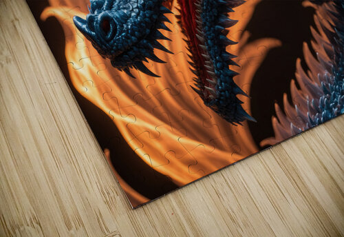 Blue dragon head with orange eyes with flames on the background Philippe Lejeanvre puzzle