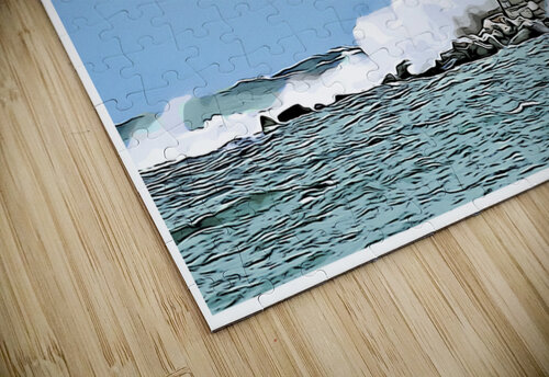 Great Wave Covers Stone Tower of Whaleback Light in Maine - Illus. Allan Wood puzzle
