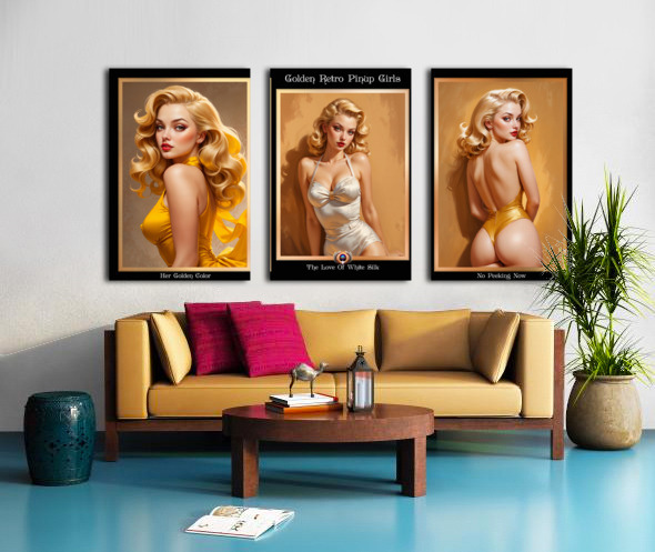 Golden Retro Pinup Girls Trio Mesmerizing AI Concept Art