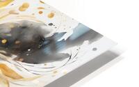 A swirling abstract floral composition painted in vibrant watercolor tones of gold and deep charcoal. The flower-like form bursts with movement featuring delicate tendrils and splashes of shimmering pigment. Points of light flicker throughout the dark bac HD Metal print
