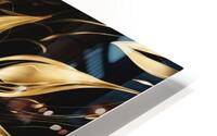 A swirling abstract design featuring vibrant golden and dark black elements creating a dynamic flower-like shape. Delicate elongated tendrils extend outward interspersed with bright shimmering points of light against a dark background conveying a sense... HD Metal print