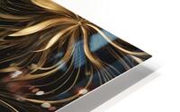 A swirling abstract design featuring vibrant golden and dark black elements creating a dynamic flower-like shape. Delicate elongated tendrils extend outward interspersed with bright shimmering points of light against a dark background conveying a sense... HD Metal print