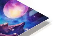 A surreal cosmic landscape featuring a winding river of glowing blue and purple light. The river flows through dark textured mountains under a starry sky. A large luminous planet hovers in the background casting a gentle light on the scene with a vibrant. HD Metal print