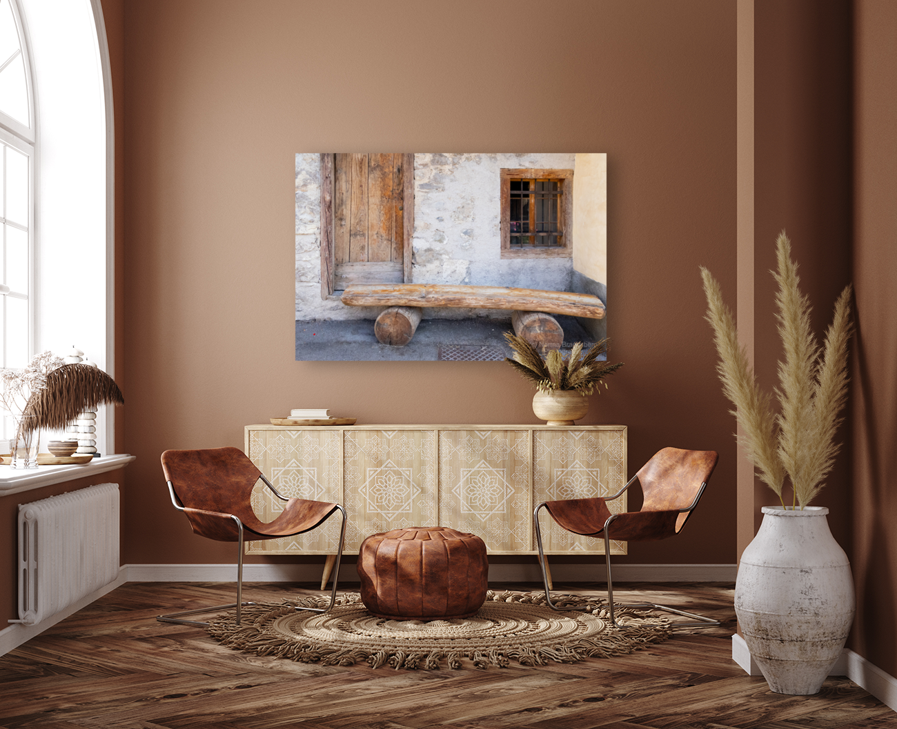 Italian Dolomite Mountains Old Wood Door and Bench Art