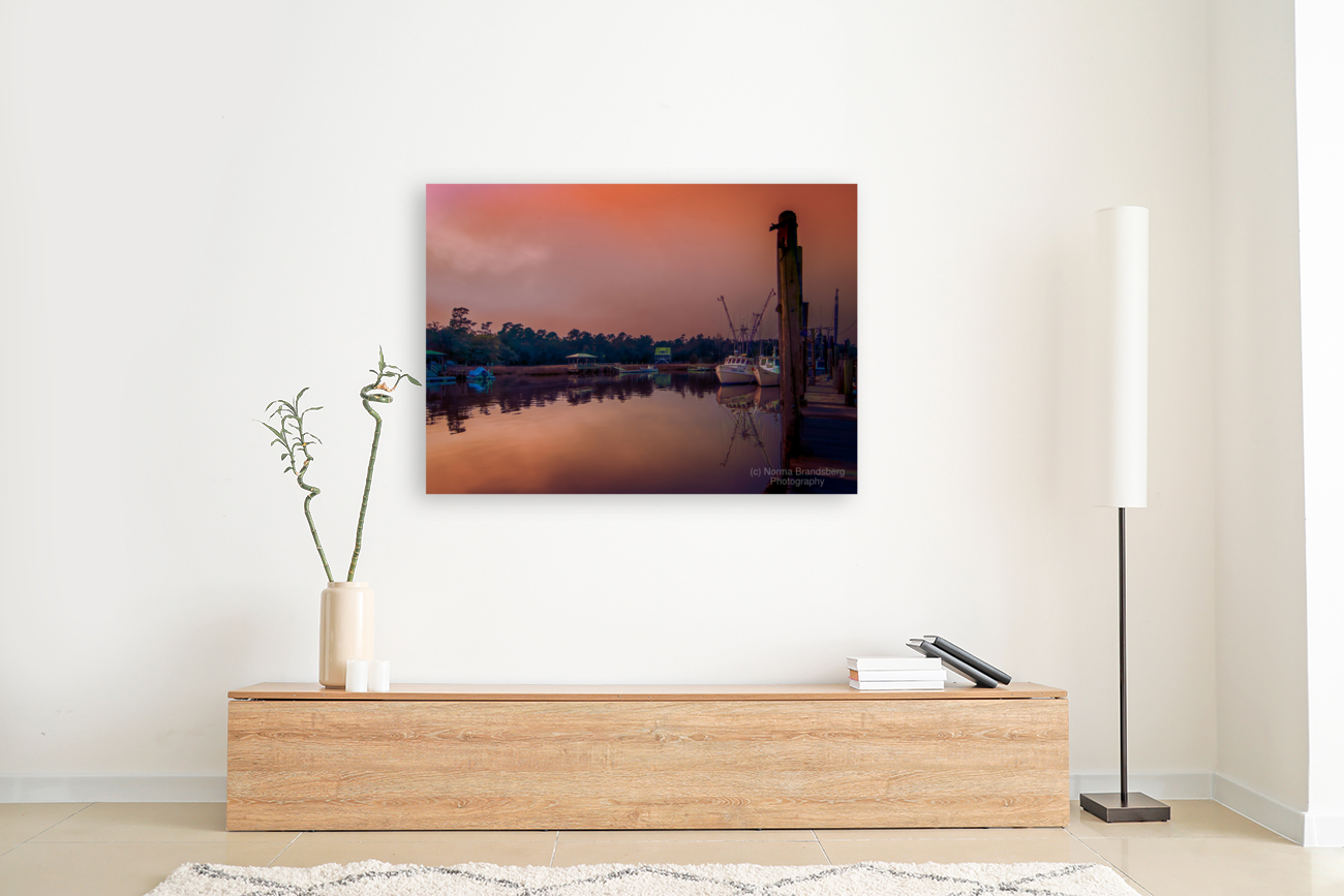 Low Country Shrimper Fog Sunset Art