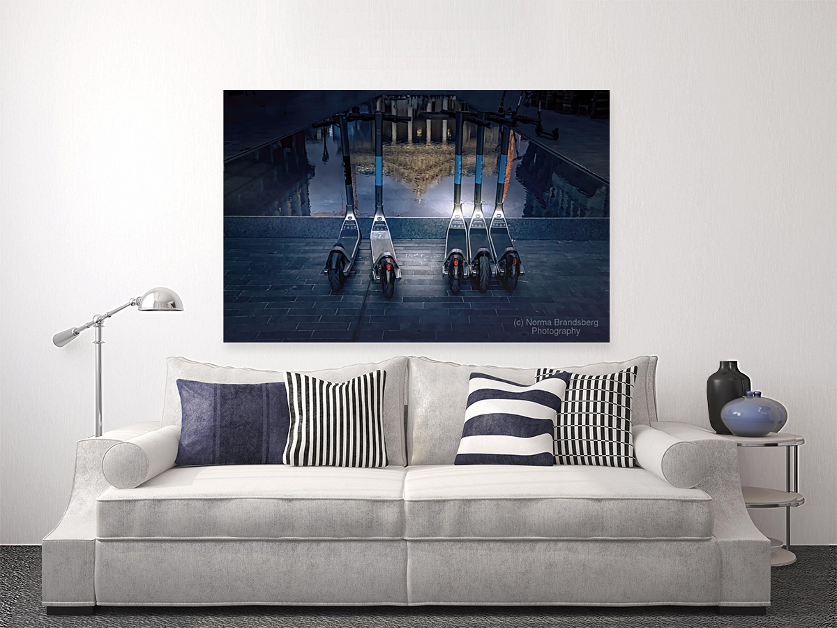 Brussels Stock Exchange and Scooters Reflection Art