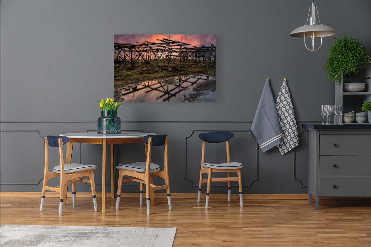 Norwegian Cod Drying Racks at Sunset Art