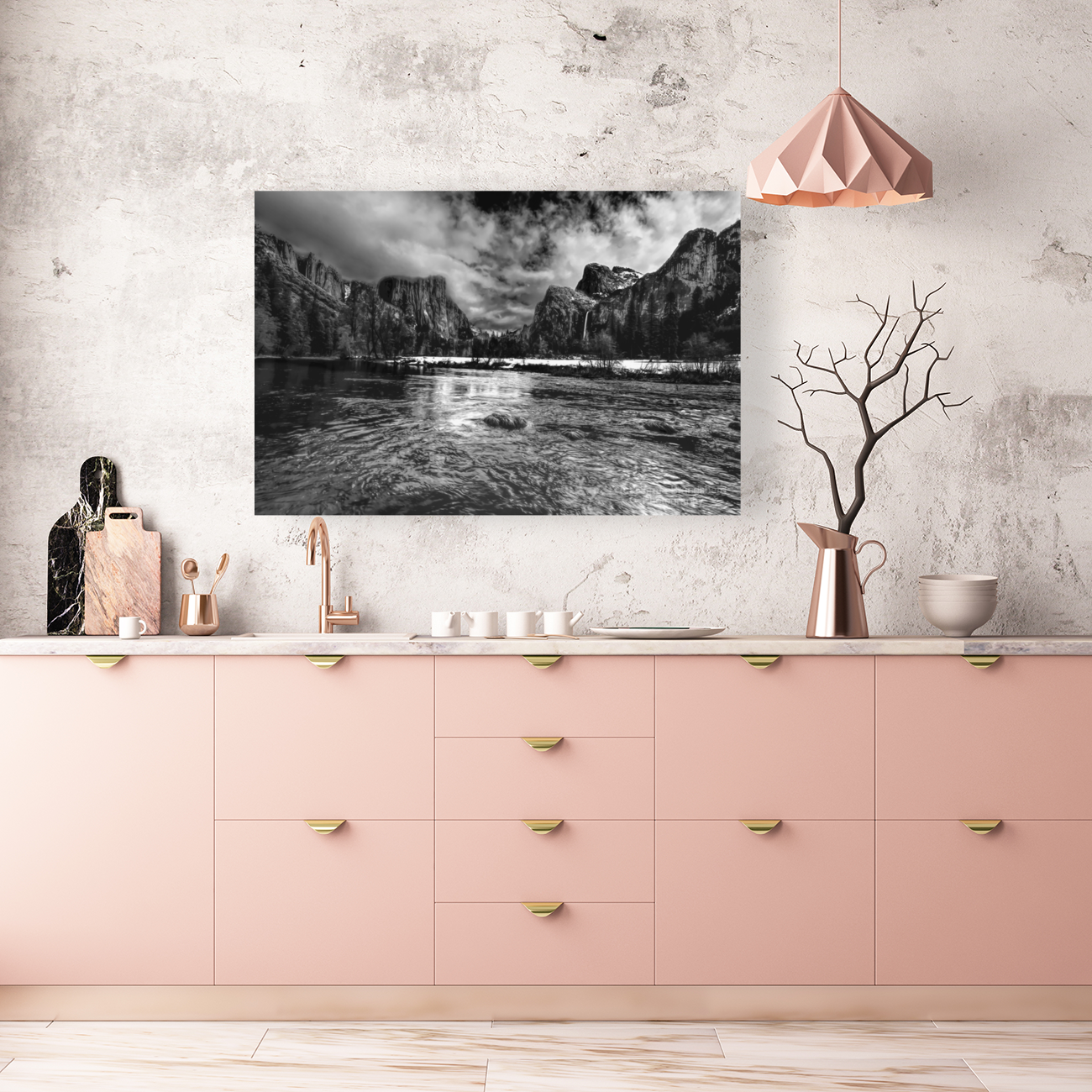 Yosemite Merced River Valley View in Black and White. Art