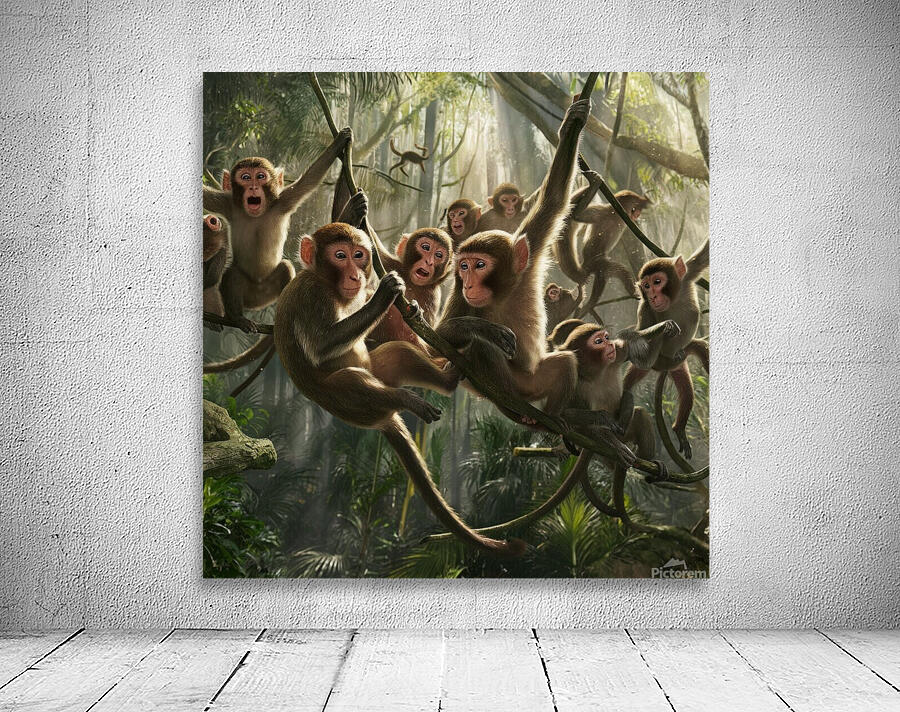 A group of mischievous monkeys swinging through the trees