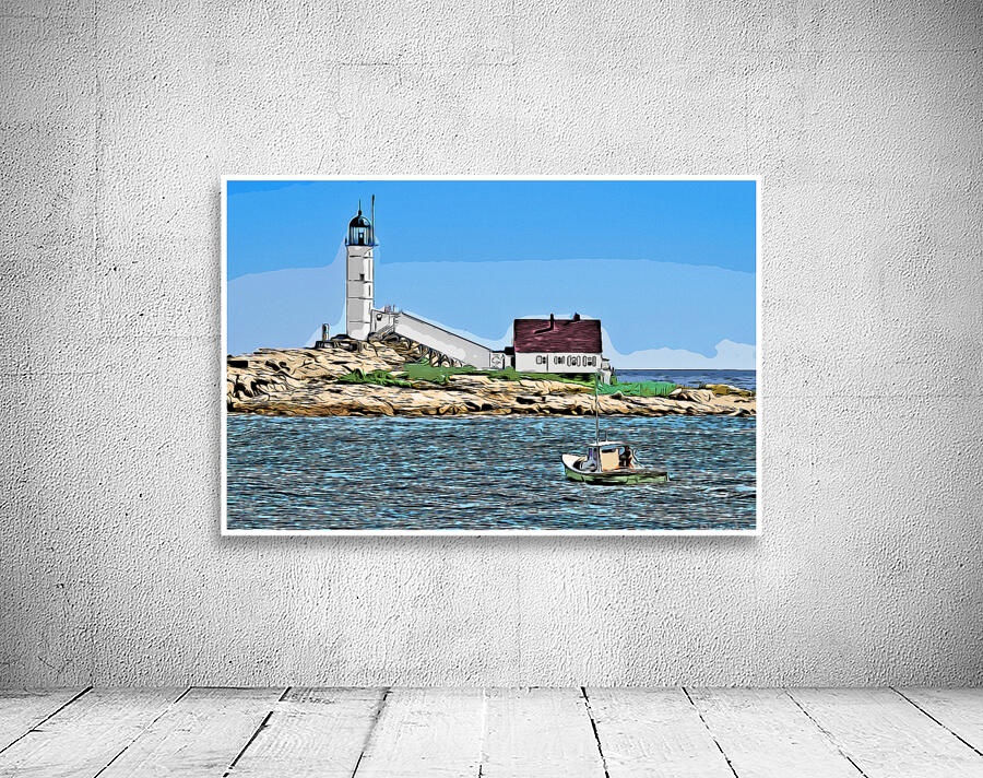 Lobster Boat By Isles of Shoals Light on White Island in New Hampshire - Illus. Wall Preview
