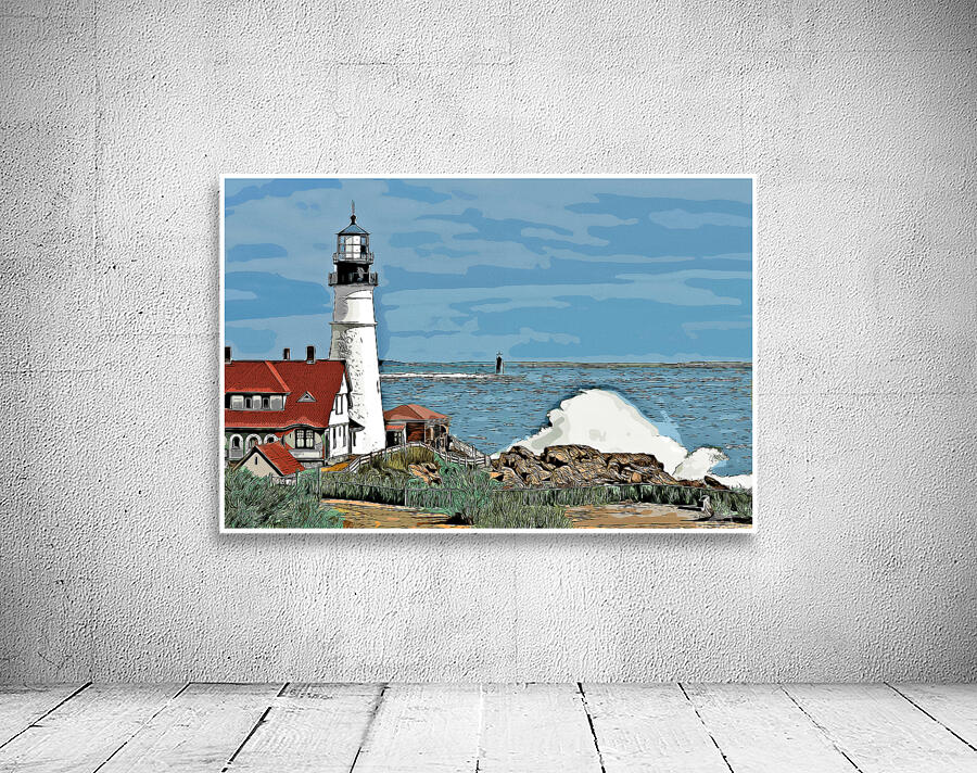 Waves Crash By Portland Head Light as Sun Breaks Through Clouds  - Illus. Wall Preview