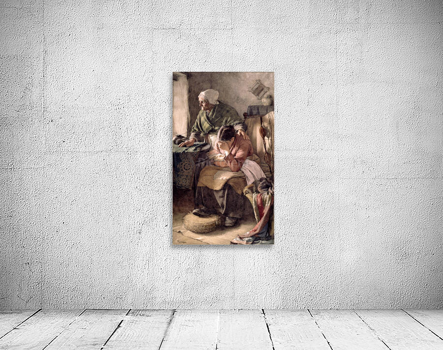 Sad Mother With Baby And Grandmother Vintage Oil Painting Wall Preview