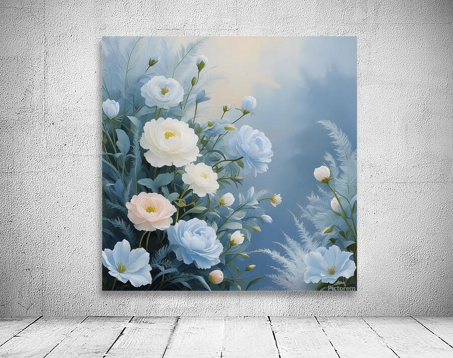 A celestial painting featuring blue and white flowers in soft pastel tones adding tranquility and beauty to your decor. Generative Al Wall Preview