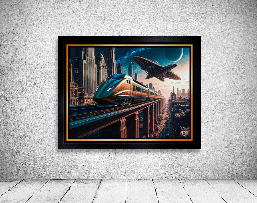 Retro-Futurism Cityscape With High Speed Train And Hovering