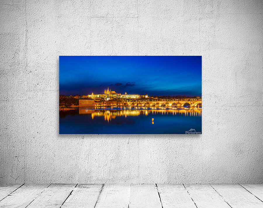 View of Charles Bridge Karluv most and Prague Castle Prazsky hrad in twilight. Panorama Wall Preview