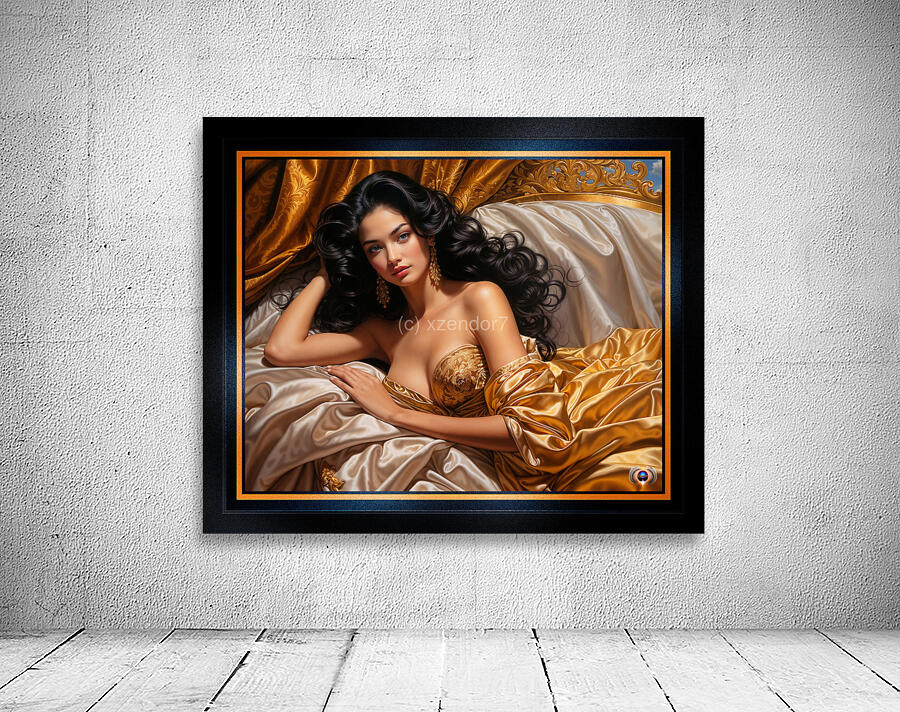 A Mesmerizing Raven-Haired Beauty Reclining In Satin And Golden Luxury AI Concept Art by Xzendor7 Wall Preview