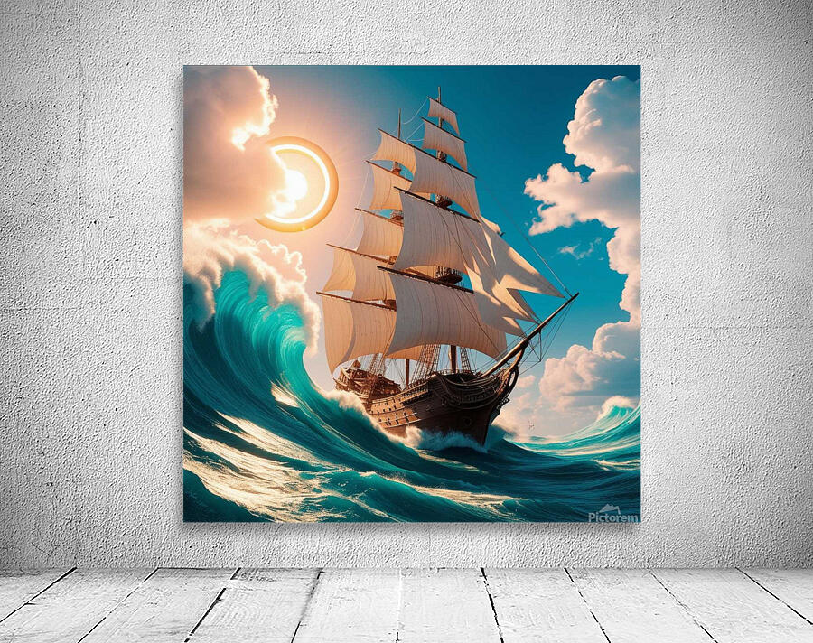 Artwork of an old ship in the middle of the sea waves Wall Preview