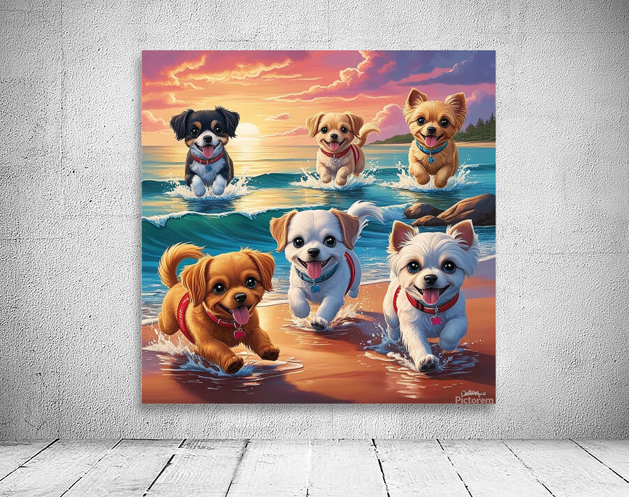 Adorable Puppies Playing at the Beach | Cute Sunset Dog Illustration Wall Preview