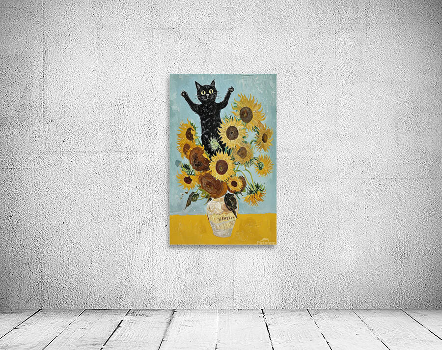 Playful Cat With Sunflowers Inspired By Van Gogh. Wall Preview