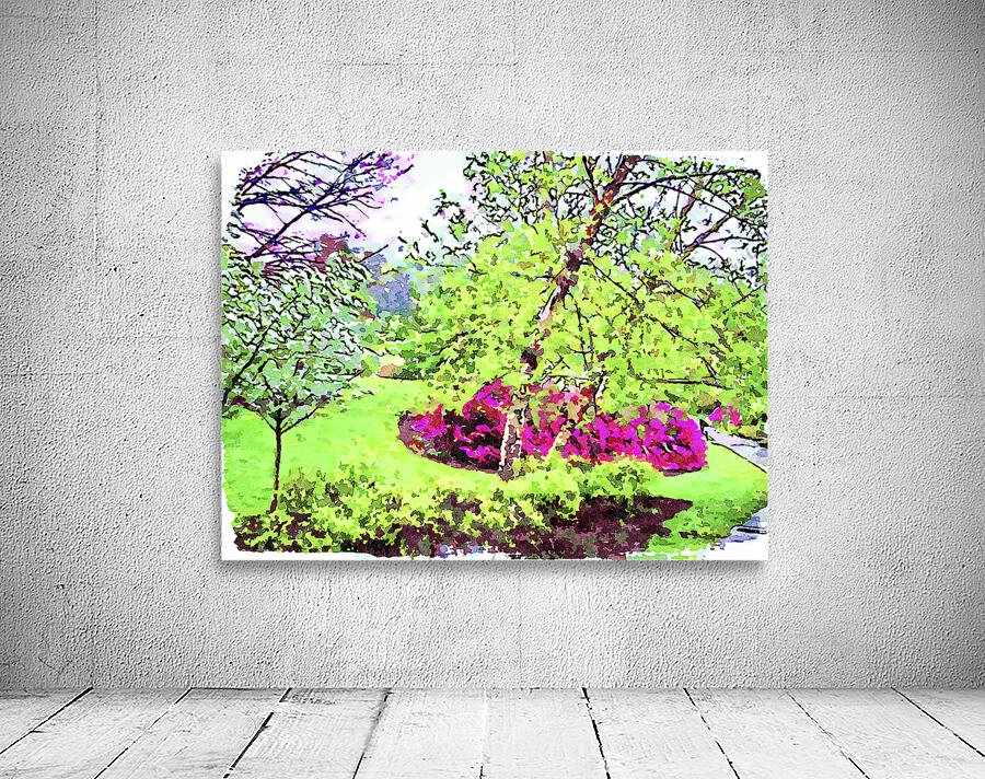 Vibrant watercolor landscape of a lush spring garden Wall Preview