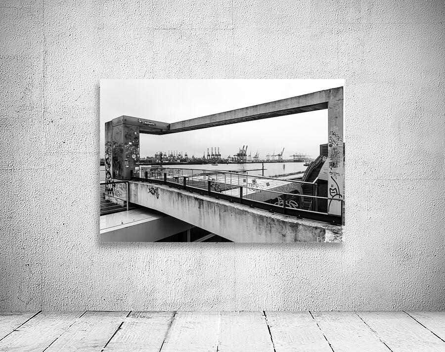 Black and white shot of the Elbe River in Hamburg seen through concrete arch Wall Preview