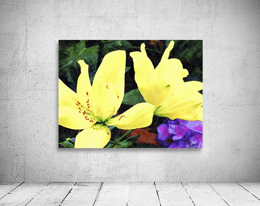 Vibrant yellow lilies in a watercolor style against greenery and yellow blooms Wall Preview