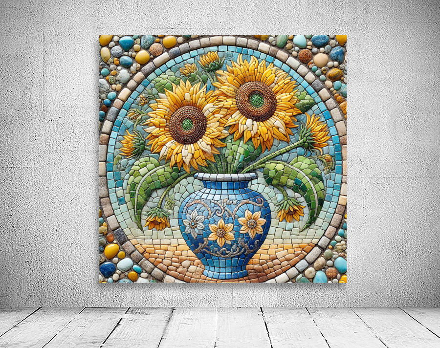 Stunning Mosaic Artwork of Sunflowers in a Decorative Blue Vase Wall Preview