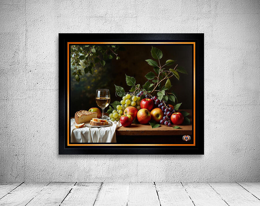 Still Life of Wine Grapes and Apples in a Tranquil Garden Setting Alluring AI Concept Art by Xzendor7 Wall Preview