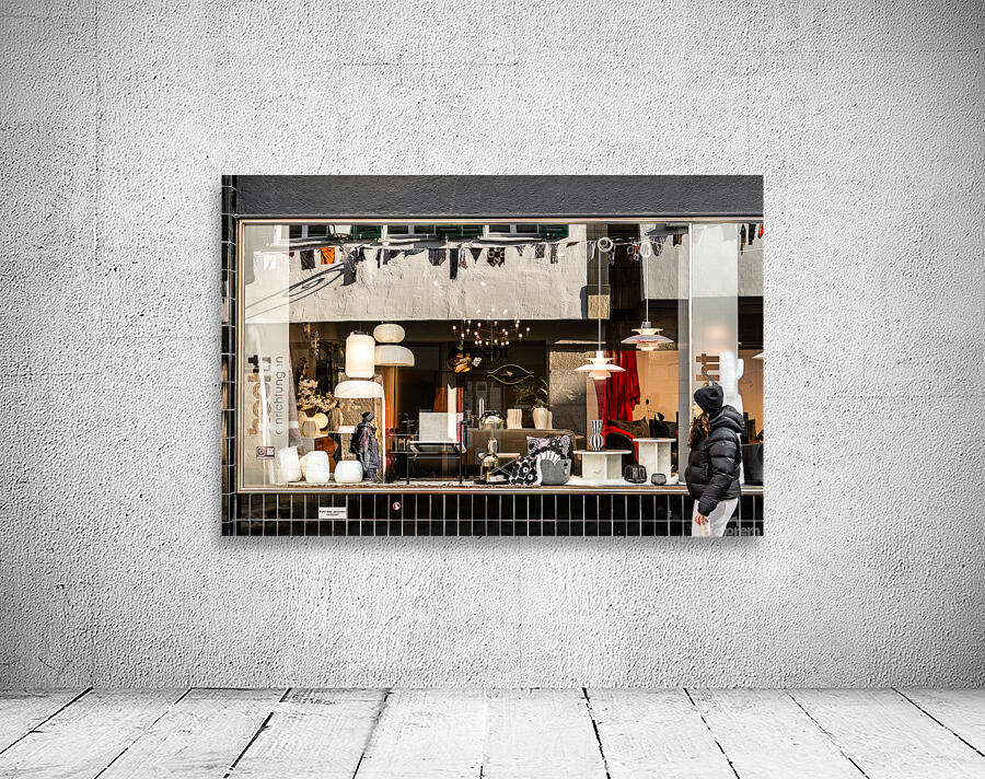 Street photo of reflections in a stylish furniture shop window in the city Wall Preview