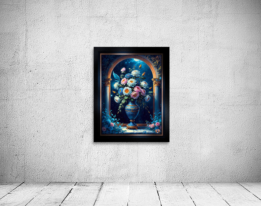 Glorious Floral Bouquet In A Majestic Blue Vase Under A Moonlit Sky Captivating AI Concept Art by Xzendor7 Wall Preview