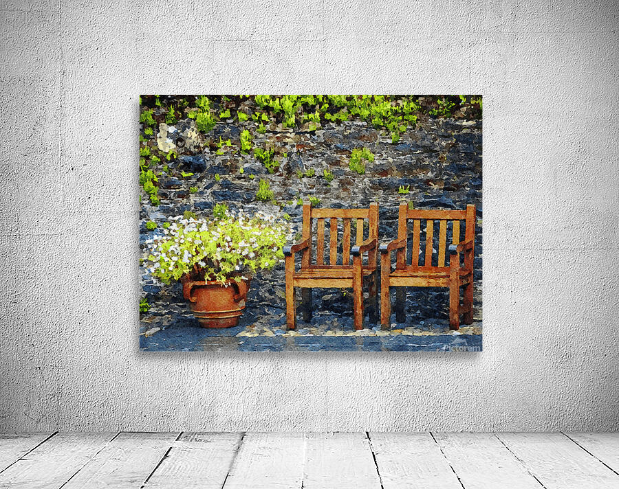 Rustic garden scene with wooden chairs and vibrant flowers Wall Preview