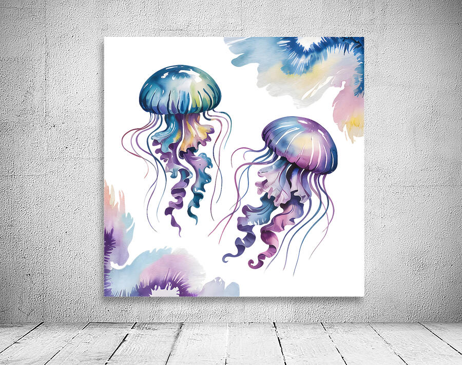 Vibrant Watercolor Jellyfish on White Background – Ocean-Inspired Digital Art Print Wall Preview