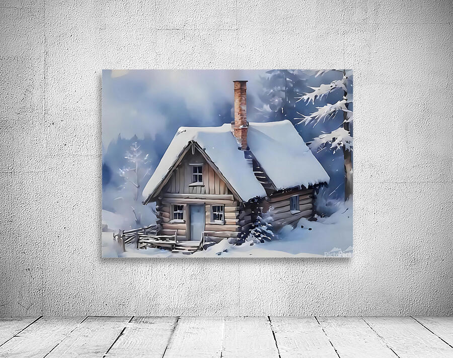 Snowy Cabin in Winter Forest – Cozy Christmas Art Print Wall Preview