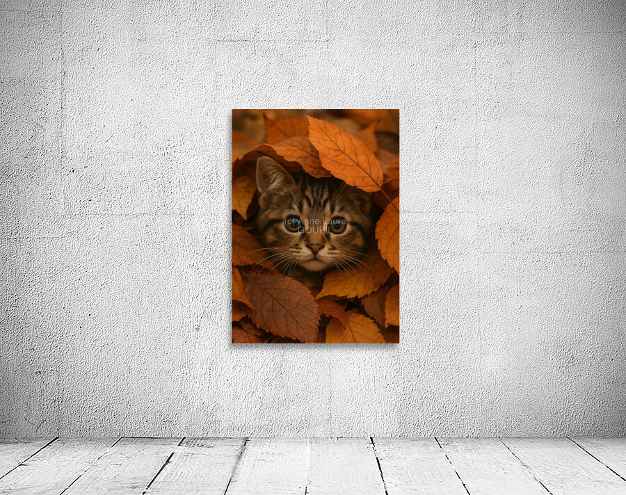 Cute Tabby Kitten in Autumn Forest Leaves Wall Preview