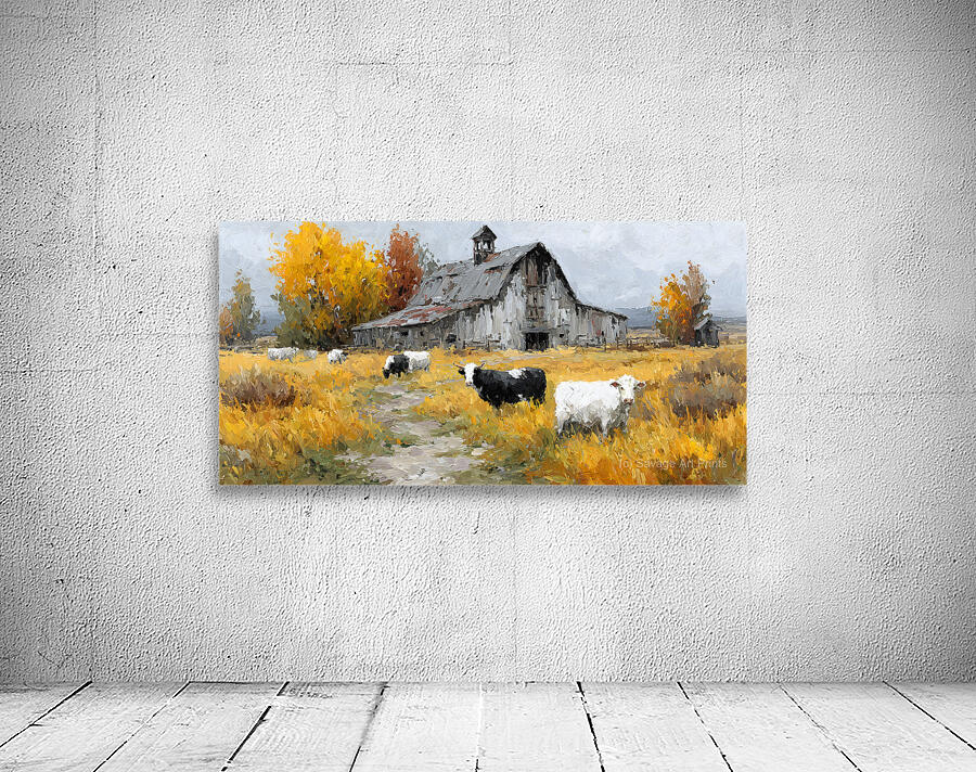 Autumn Barn with Grazing Cows – Farmhouse Landscape Art Print Wall Preview