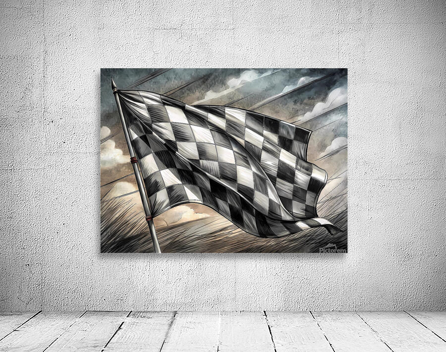 Monochrome Pencil Sketch of a Waving Checkered Racing Flag Wall Preview