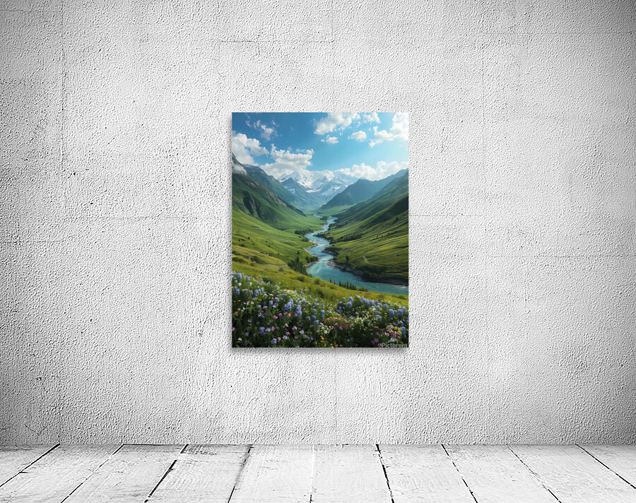 Majestic Mountain Valley with River and Wildflowers – Stunning Nature Landscape Wall Preview
