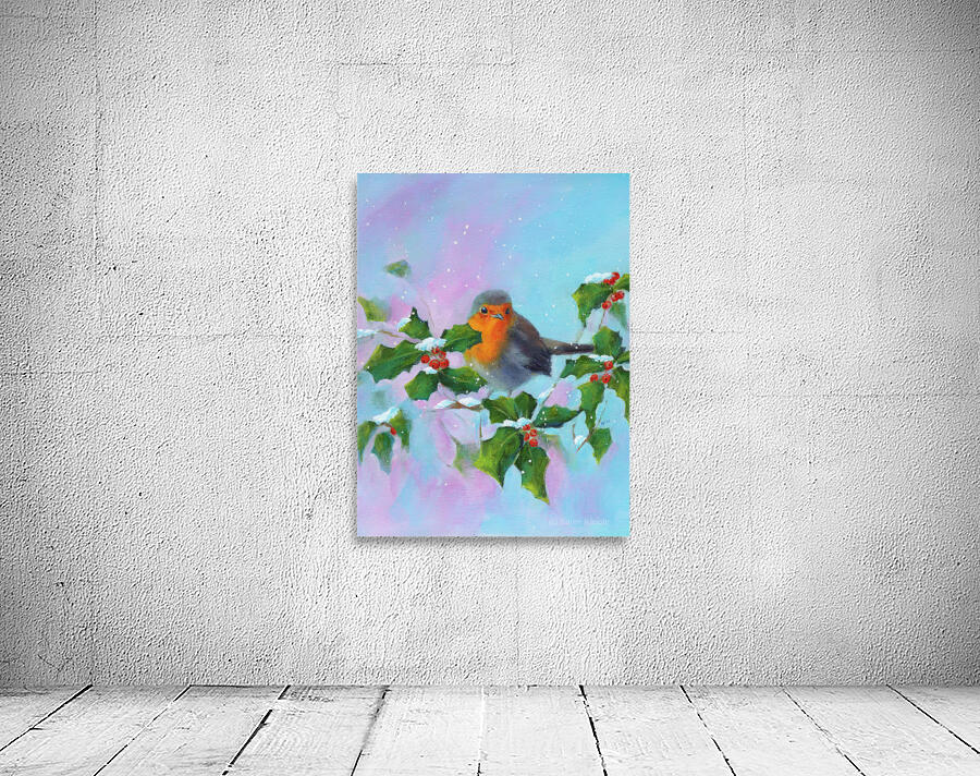 Robin with holly and winterberries vertical Wall Preview