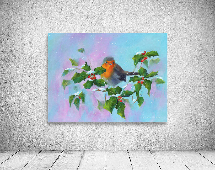 Robin with holly and winterberries acrylic painting Wall Preview
