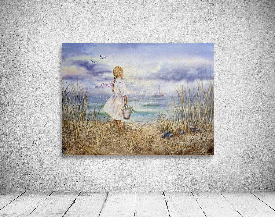 Girl Standing At The Ocean Watching Sailboat and Birds by Irina Sztukowski