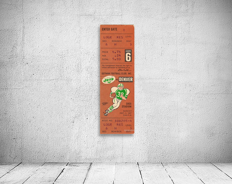 1967 Denver Broncos vs. New York Jets Football Ticket Art by Row One Brand