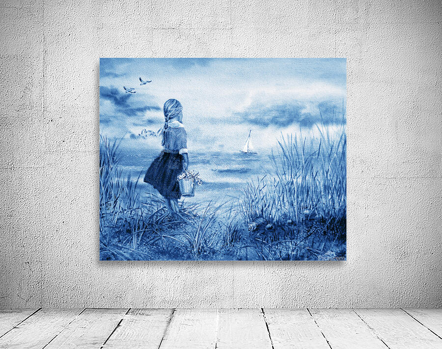 Girl And The Ocean Beach Painting In Ultramarine Blue  by Irina Sztukowski