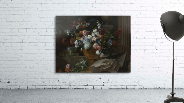 Still life with flowers in a sculpted urn with architectural fragments on a terrace Wall Preview