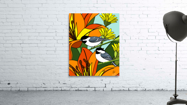 Black Capped chickadees With Orange Lily Flowers Wall Preview