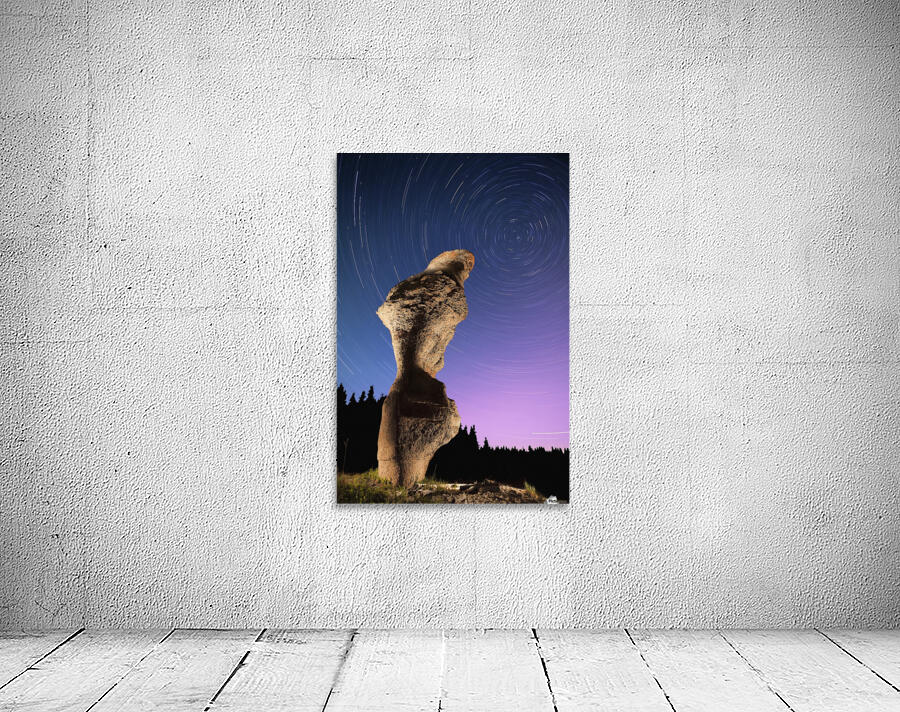 Light painting on monolith and star trails, Anse des Bonnes Femmes at Ile Niapiskau, Mingan Archipelago National Park Reserve of Canada, Cote-Nord, Duplessis region; Quebec, Canada Wall Preview